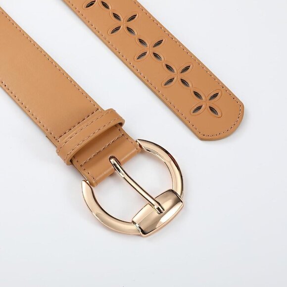 Women Leather Wide Fashion Thick Dress Belt With Gold Buckle Belt Hollow Beige main image 4